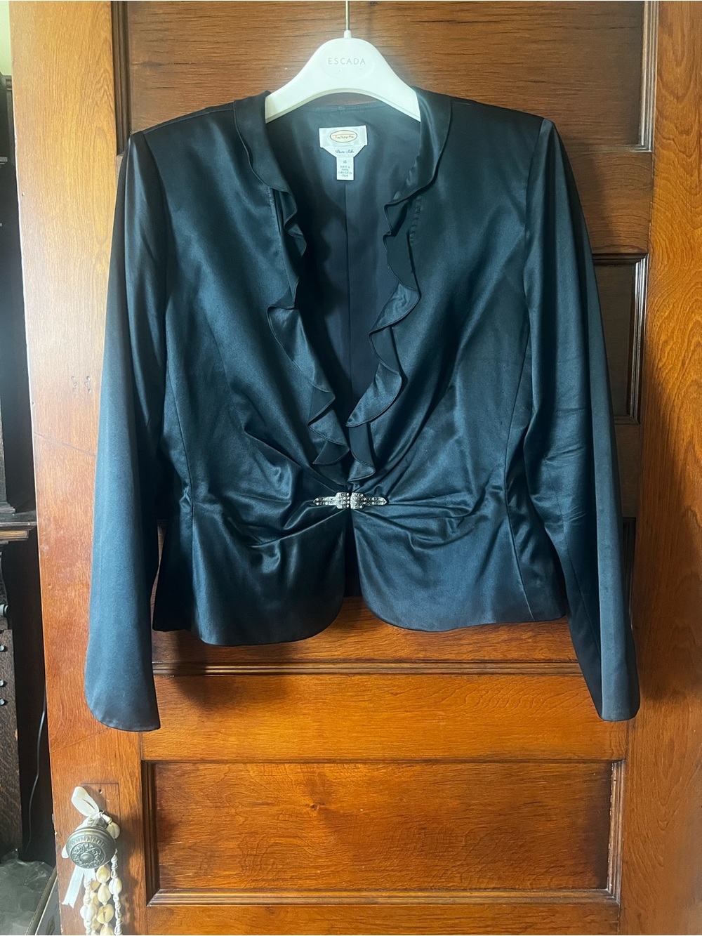 Talbots Black Silk Ruffle-Front Blazer with Decorative Deco Clasp